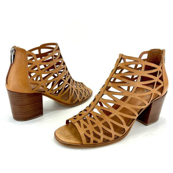 Vince Camuto Open Toe Bootie Sz 10 Tan/Brown Cut-Out Leather Stacked Block Heel - Picture 1 of 16